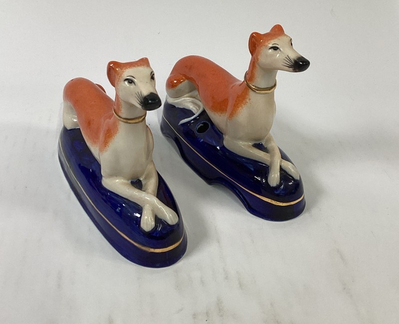 2 Antique 19C English Staffordshire Whippet Grayhound Ink Well Figurines