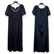 Shadowline Vintage Nylon Nightgown Black Floral Embroidery Sissy Women's Plus 2X