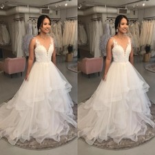Elegant Wedding Dresses V Neck Ruffles A Line White Ivory Tulle Bridal Gown