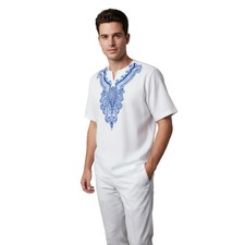 Mens 2pc Stacy Adams leisure suit Linen Cotton With Embroidery 3670 White Blue