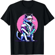 Cyberpunk Pixel Bad Cat T-Shirt – Mystical Blade Warrior Tee