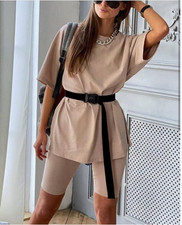 Women Khaki 2 Piece Outfit sets Casual Oversized T-Shirt Tops Biker Shorts Sz.S