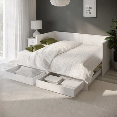Double Wooden Day Bed with Trundle and Storage in White - Lincoln LNC001