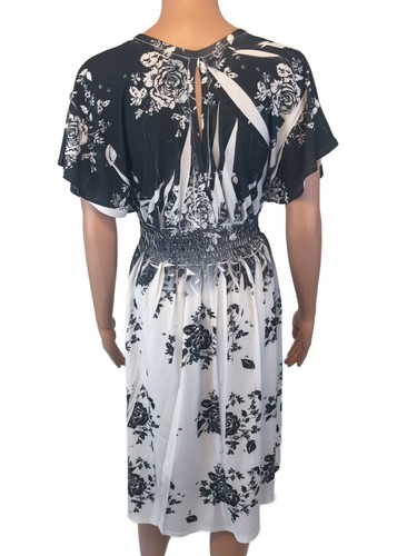 Cato Damen Gr. Small A-Linie Kleid schwarz-weiß Blumenmuster Kurzarm dehnbar - Bild 3 von 9