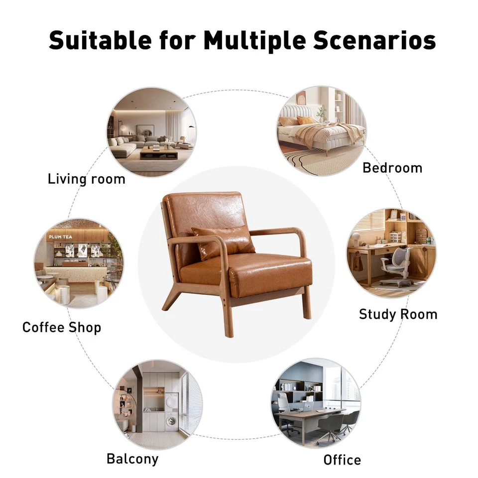 Accent Chair Mid Century Modern Arm Chair, PU Leather Reading Armchair for Bedro - Image 3 of 4