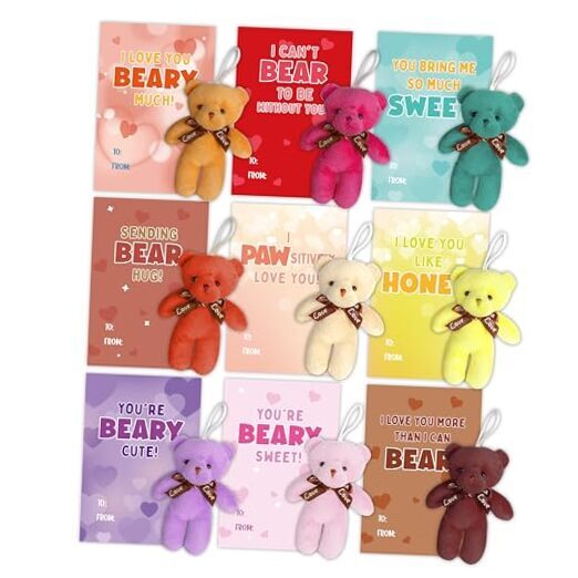 Valentine's Day Cards for Kids with 24 Mini Plush Bear Toys