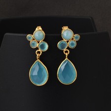 Aqua Chalcedony Tear Drop Gold Plated 925 Silver Earring For Wedding Jewelry