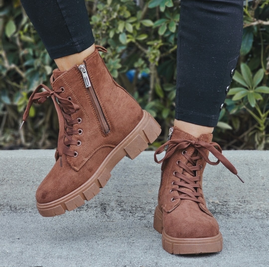 Womens Suede Brown Combat Ankle Boots Lace Up Heeled