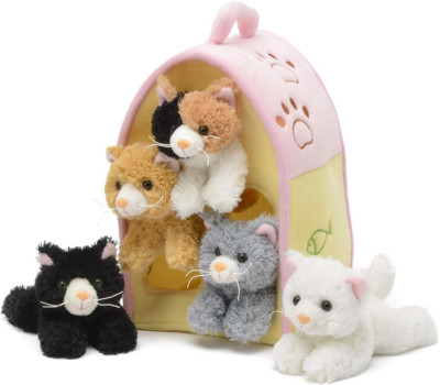 Plush Cat House with Cats - Five (5) Stuffed Animal Cats in Play Kitten House Ca