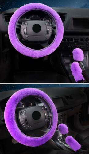 Purple Plush Car Steering Wheel Gear Shift Frame Handbrake Cover 3pcs Kit 38cm