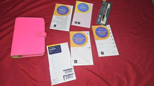 Pink Fluoro Neon Genuine Leather Filofax Personal Organiser 5 New Refils And Pen - Picture 3 of 20