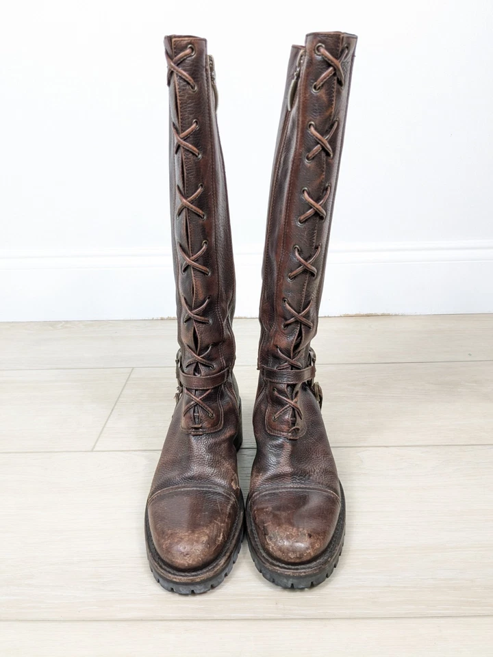 Cesare Paciotti Daga Arnés Botas Con Cordones Cuero Marrón Combate Mujer Talla 35 Foto 3 de 4