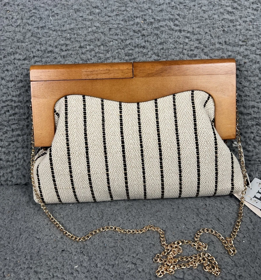 NUEVO Bolso sin asas de hombro tejido a rayas negras beige alto hippie día - noche