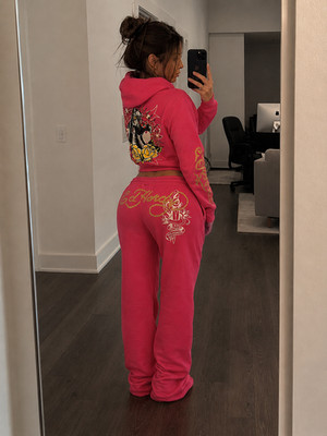 Ed Hardy Damen Tracksuit Jogginganzug Set Y2K Crop Hoodie Hose Fleece XS S M L N