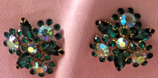 Vintage Buttons Appliques Green  Aurora Borealis Glass Stones 1.25"