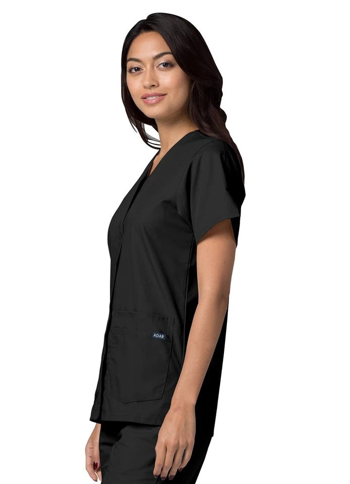 Adar Women Doctor Nurse Short Sleeve Snap Front V Neck Double Pocket Scrub Top - Image 3 of 4