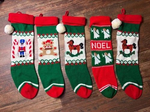 Lot Of 5 Vtg Retro Knit Stockings Horse Nutcracker Teddy Bear