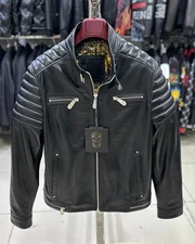 Philipp Plein Men's Quilted Genuine Leather Black Motorcycle Moto Jacket