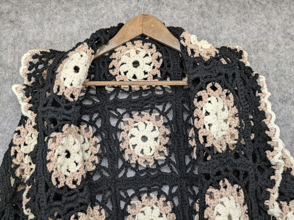 Xale de crochê vintage feito à mão feminino preto bege vovó envoltório quadrado casa de campo - Imagem 4 de 4