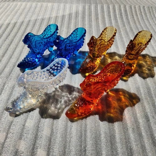 6 Pcs Fenton Glass Cat Head Hobnail Heeled Shoes. Blue, White, Orange, Yellow.