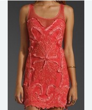 Free People Ice Ice Baby Red Beaded Mini Dress Sz Small Mesh Cotton