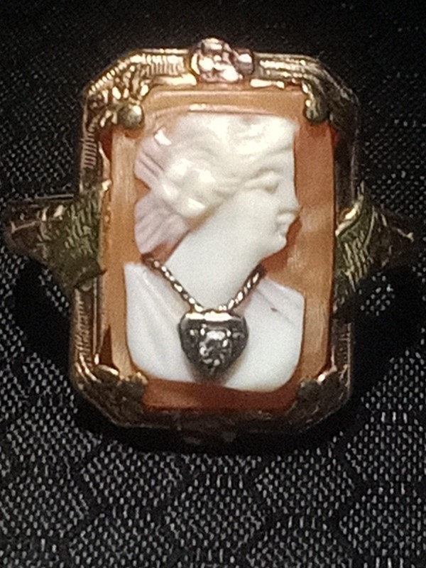 Gold Tone Rectangle White Cameo Ring Bezel Setting Portrait Design