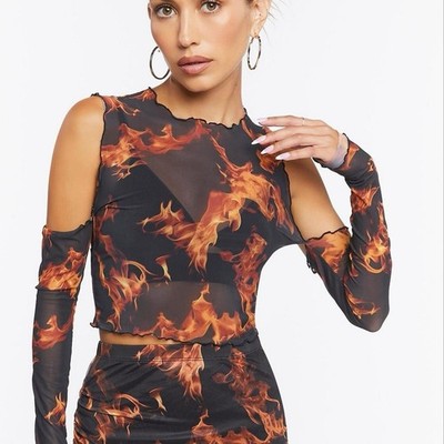 Forever21 Orange and brown Flame   crop top cold shoulder sleeves Sz medium