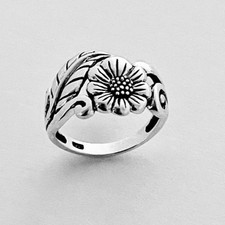 Sterling Silver Sunflower Ring with Leaf: Statement Floral Jewelry