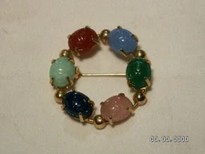 ...Vintage Gold Tone, Glass Scarabs Circle Of Life Brooch...