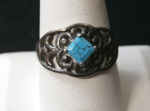 Vintage Sterling Silver Cutout Simulated Turquoise Princess Nugget Ring #318 - Picture 2 of 9