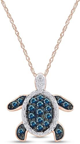1ct Blue & White Real Diamond Turtle Pendant 18" Necklace 925 Sterling Silver
