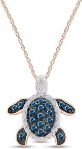 Authentic 1ct Blue & White Real Diamond Turtle Pendant 18" Necklace 925 Sterling Silver