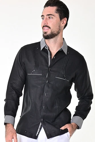 Bohio Mens Black Linen Fancy Cuban Guayabera Shirt for Men - (2) Pocket MLG1416