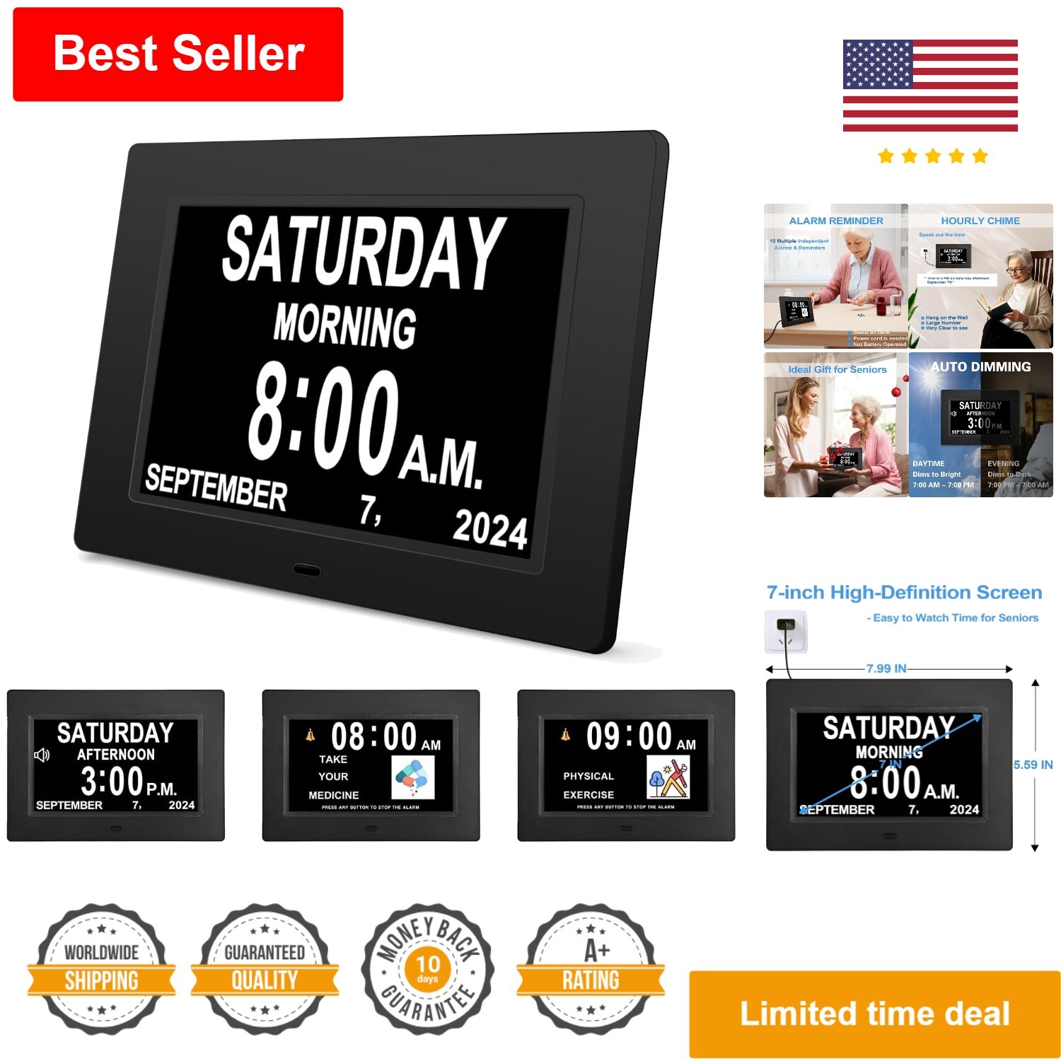 Digital Calendar Clock with 12 Alarms & Reminders - Perfect for Impaired Vision
