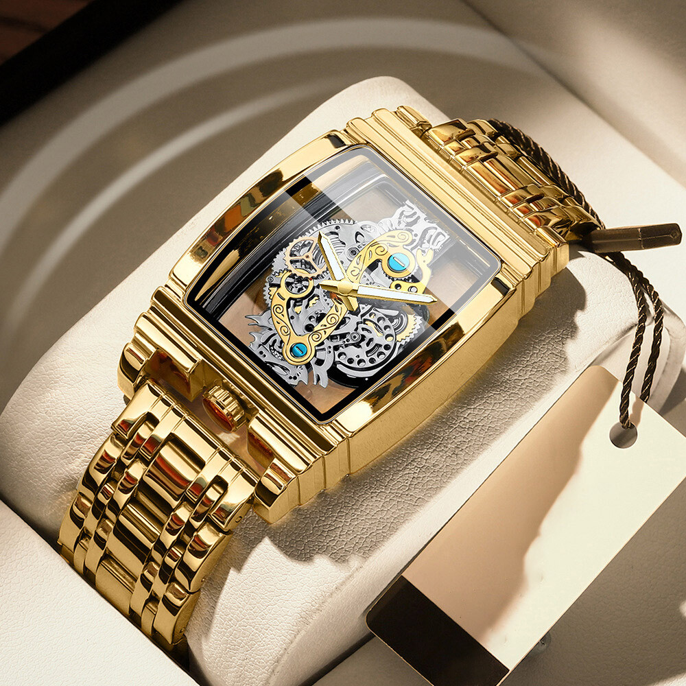 Reloj Tonneau hueco impermeable para hombre acero inoxidable cuarzo reloj de pulsera
