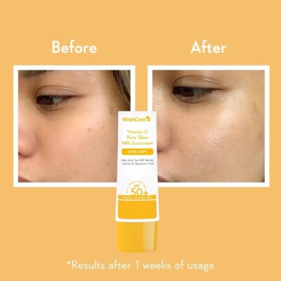 WishCare Vitamin C Pure Glow Milk Sunscreen SPF 50 PA++++ - Ultra Light Weight,