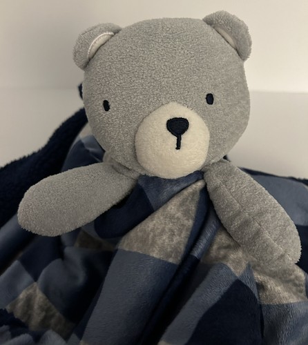 Gerber Gray Blue Bear Lovey Fleece Bottom Security Blanket Plaid Plush 25 x 25" - Picture 3 of 9
