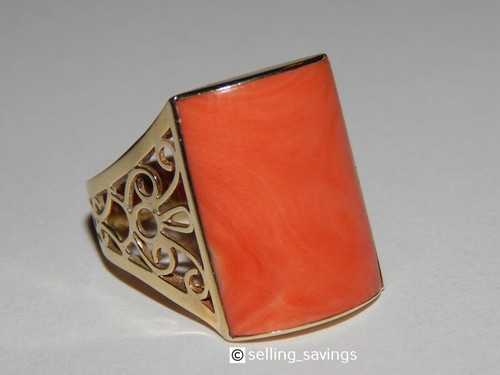14K YELLOW GOLD LARGE CORAL FILIGREE HIGH SITTING RING -SIZE 6.75 - Picture 3 of 7