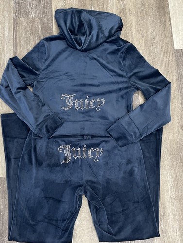 NEW Juicy Couture Velour Track Suit sweatsuit womens size large navy blue BLING - 第 4/10 張圖片