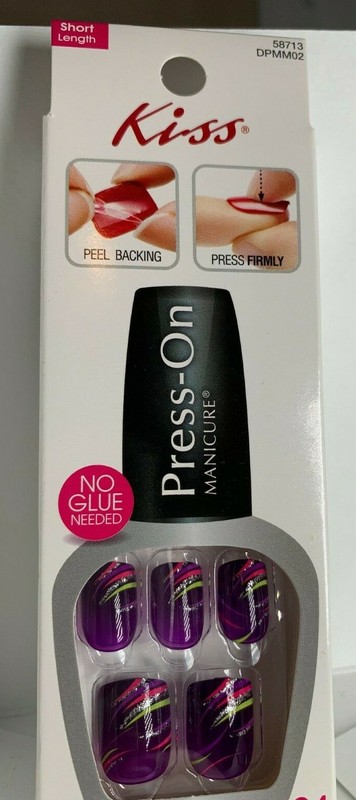 Lot of 5 ***** Kiss Press on Nails Short Dark Purple with multi color accents
