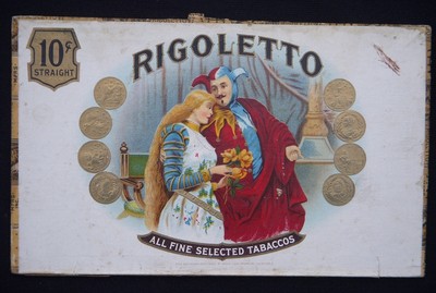 Antique Wood Cigar Box Lid Label Rigoletto Jester Verde Italian Opera Smoking