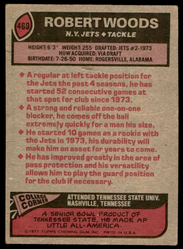 1977 Topps Robert Woods Rookie Football Card New York Jets #469 - Image 2 of 2