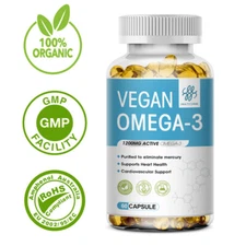 Omega 3 Algal oil Capsules Triple Strength EPA & DHA, Burp-Less 60 sofgels