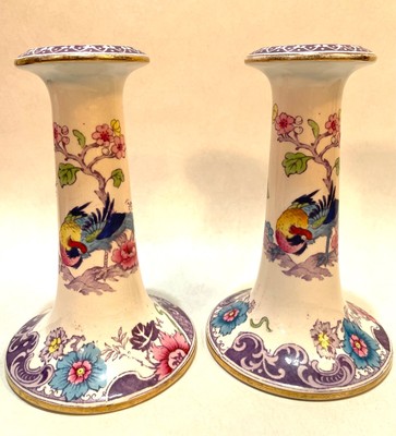 PAIR Losol Ware Keeling co Burslem Shanghai Pattern Chinoiserie Candlesticks