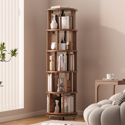 Walnut 5-Tier Rotating Bookshelf on Wheels - 360° Spinning Bookcase for Small Sp
