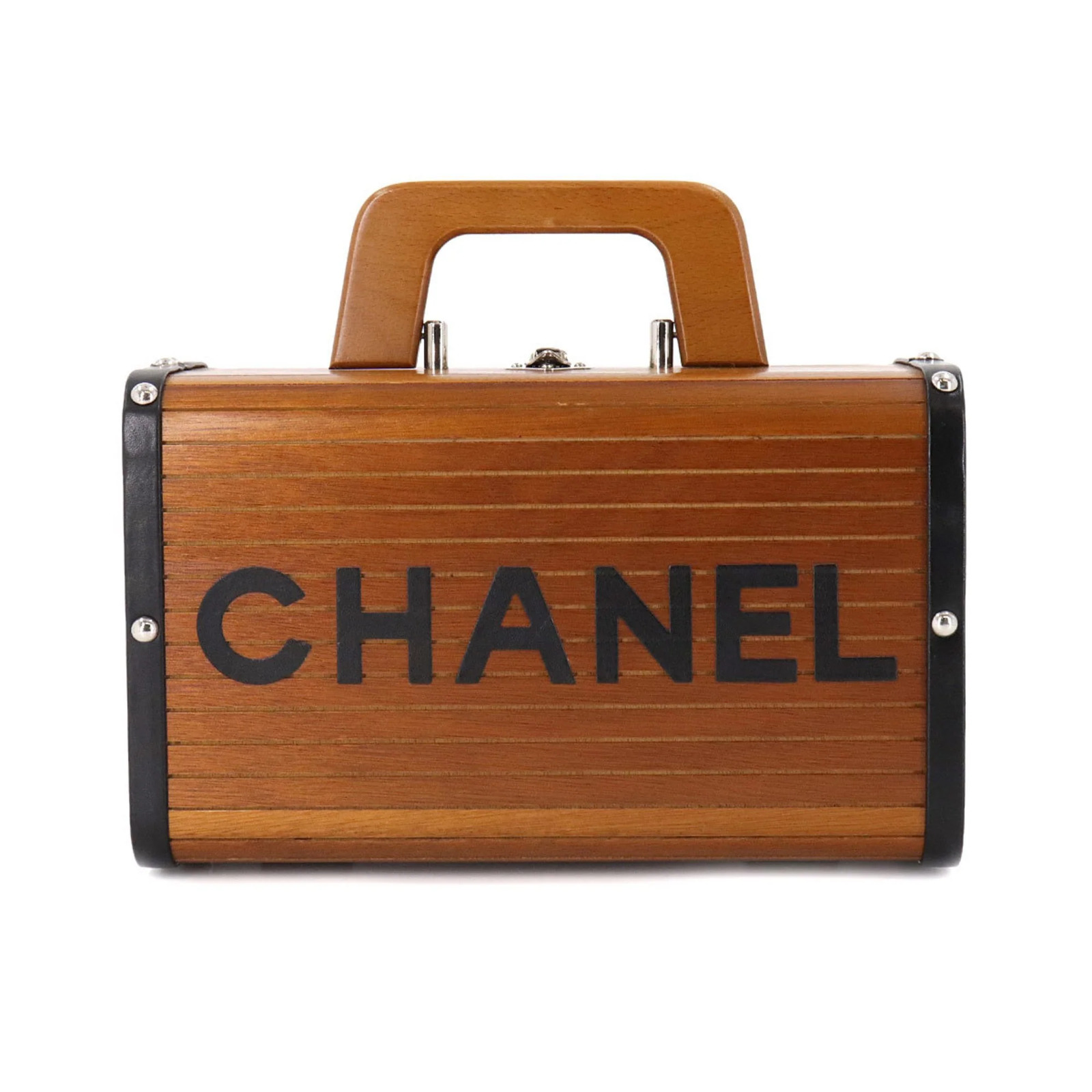 Chanel wood vanity hand bag leather brown black s… - image 1