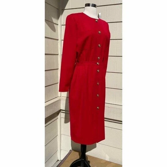 Abito vintage Valentino Miss V rosso lana oro bottoni davanti taglia 44 10