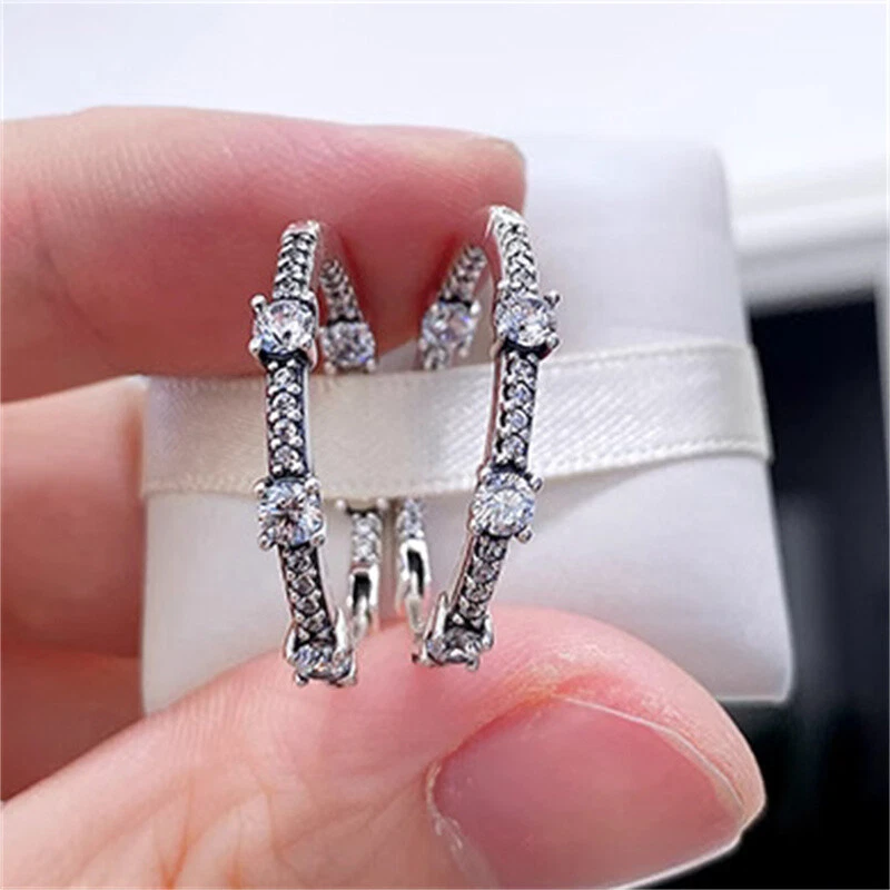 New Authentic 100% 925 Sterling Silver Sparkling Pavé Bars Hoop Earrings - Image 2 of 4