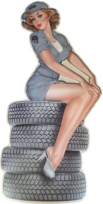 Blechschild ca.80x37cm Pin up Girl Reifen Motivdruck Werkstatt Auto Service Babe