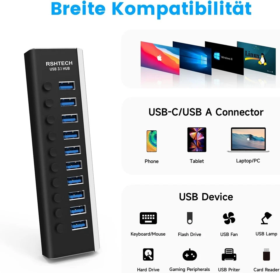 Hub USB Attivo 3.0 Con Alimentatore 10Gbps 10 Porte USB 3.1 in Alluminio Hub Con - Immagine 4 di 4